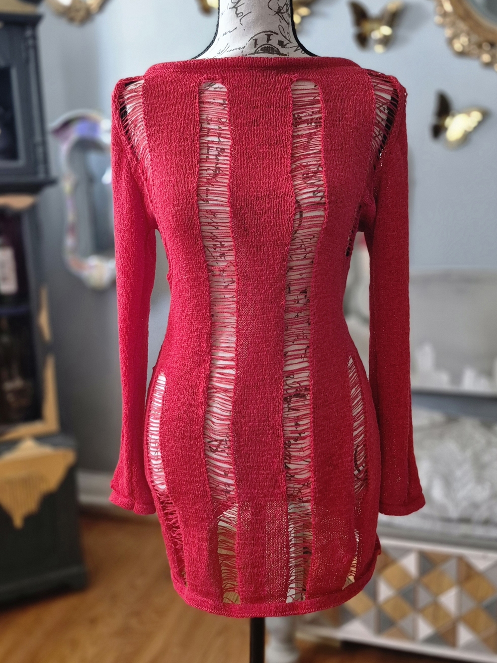 Racy Red Punk Distressed Open-Knit Long Sleeve Dress Large
